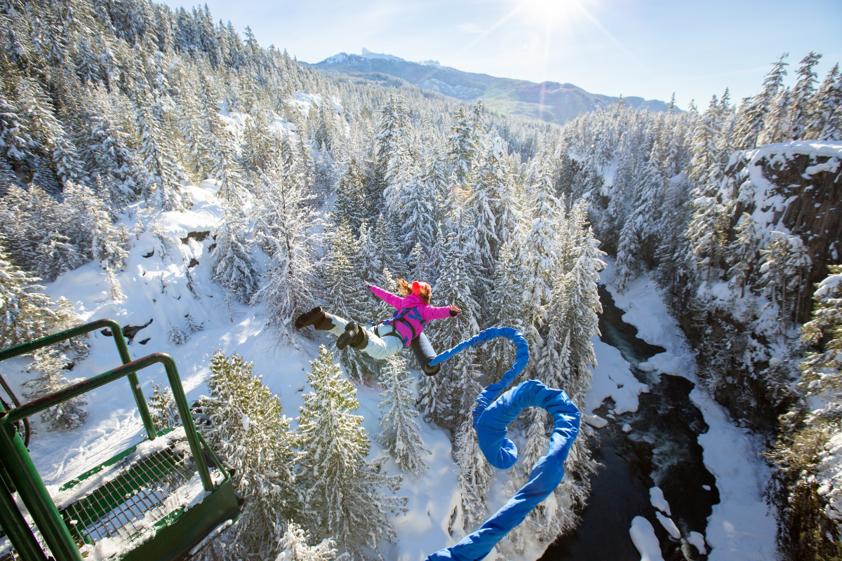Skier riding down mountain on a sunny day blue skies and fresh powder kicking up behind
